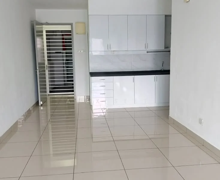 Kitchen features: white cabinetry, black countertop, stainless-steel sink, single-bowl stainless-steel sink, built-in kitchen cabinets, ceramic tile flooring, white walls, recessed downlights; style: modern. Room features: open layout, large floor tiles, white walls.