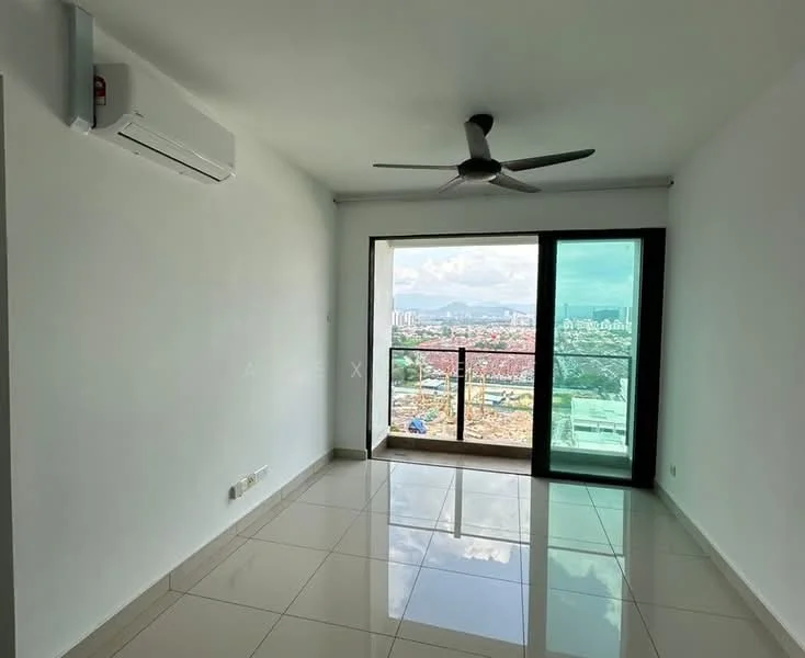 Living features: white painted walls, glossy tile flooring, 5-blade ceiling fan with light, floor-to-ceiling sliding glass door, balcony view of city skyline, wall-mounted split AC; style: modern; view: city.