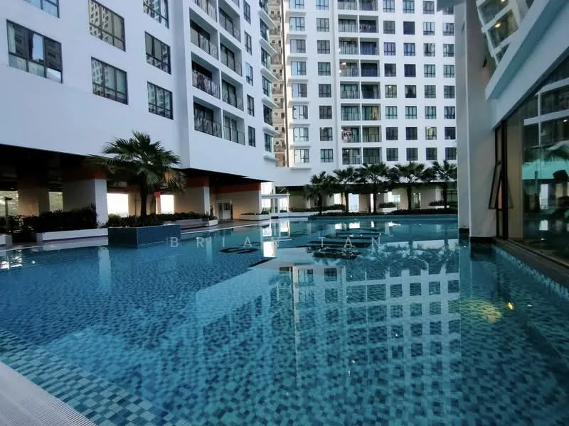 Exterior type: high-rise condominium; features: infinity pool, pool deck with loungers, surrounded by palm trees, glass curtain wall, white painted facade, multiple storeys, landscaped garden area; style: modern.