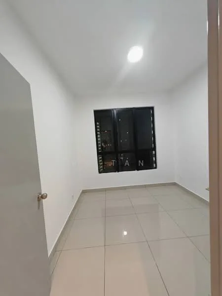 Room features: white painted walls, glossy ceramic tile flooring, black framed windows, recessed ceiling lights, single door, city view from window; style: modern; view: city.