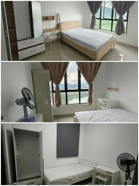 Bedroom features: queen-size bed, white mattress, wooden bed frame, built-in wardrobe with sliding doors, study desk, white chair, floor-to-ceiling windows, grey curtains, ceiling fan, light-colored flooring, wall-mounted shelf, decorative wall panel; style: modern; view: mountain.