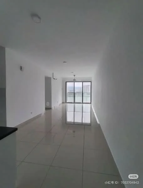 Room features: white painted walls, glossy tile flooring, large floor-to-ceiling windows, sliding glass door, recessed ceiling lights, open layout, neutral color scheme, no visible furniture; style: modern; view: city.
