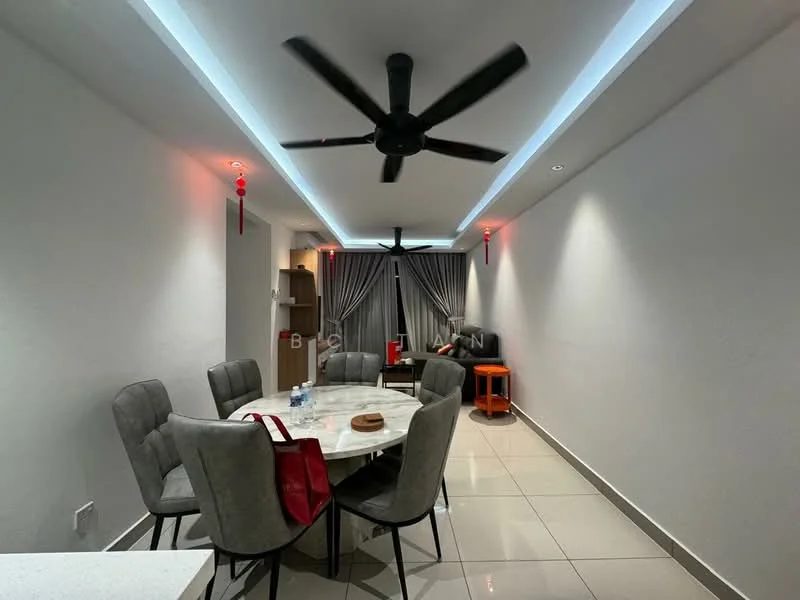 Dining features: round dining table, upholstered dining chairs, 5-blade ceiling fan with integrated LED light, white painted walls, grey tile flooring, recessed LED lighting, curtains, decorative wall lights; style: modern. Living features: sofa, coffee table, TV console, area rug; style: modern.