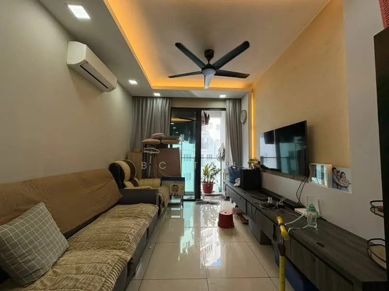 Living features: 3-seater fabric sofa in beige, floor-to-ceiling windows, sliding glass door, 5-blade ceiling fan with light, recessed LED downlights, wall-mounted TV, TV console, decorative plants in pots, polished tile flooring, grey curtains, wooden shelving unit, decorative wall art, crown moulding, light orange accent lighting; style: modern; view: city.
