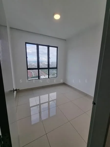 Room features: white painted walls, glossy ceramic tile flooring, floor-to-ceiling windows, city view, single ceiling light fixture; style: modern; view: city.