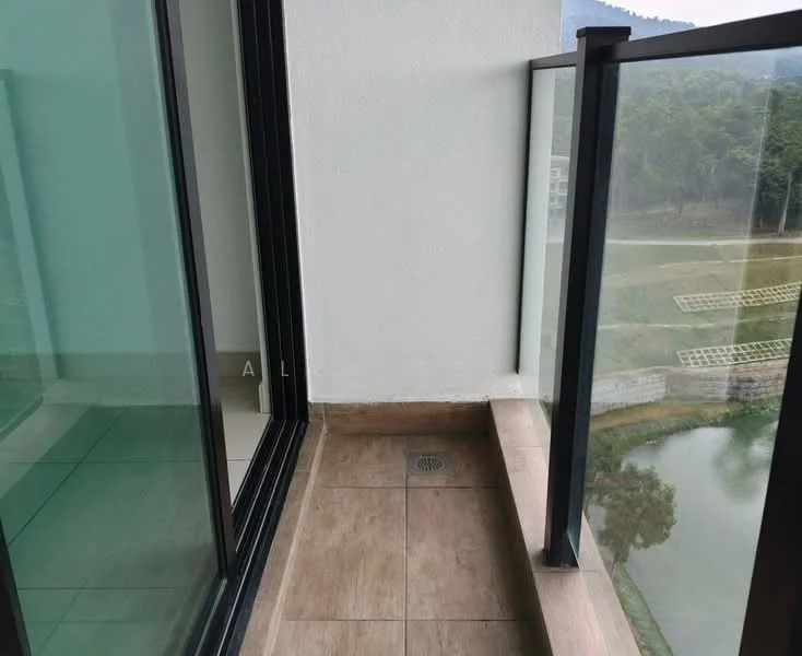 Room features: glass balcony railing, tiled flooring, water drainage outlet, view of greenery, exterior wall with white paint; style: modern; view: garden.