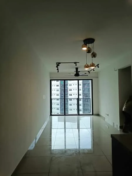 Living features: white painted walls, glossy tile flooring, 5-blade ceiling fan with light, track lighting with multiple bulbs, floor-to-ceiling windows, sliding glass door, city view, open layout; style: modern; view: city.