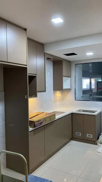 Kitchen features: brown cabinetry, white countertop, single-bowl stainless-steel sink, chrome pull-down faucet, built-in oven, ceramic tile flooring, recessed LED downlights, wall-mounted cabinets, window with view, backsplash with white tiles; style: modern.