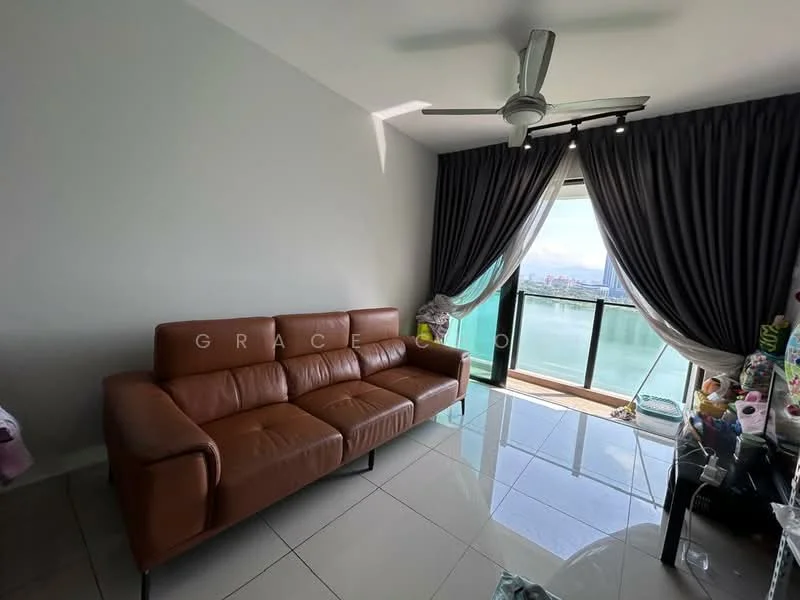 Living features: 3-seater leather sofa in brown, floor-to-ceiling windows, sliding glass door, sheer curtains, blackout curtains, ceiling fan with light, glossy tile flooring, decorative items on window ledge, view of city skyline; style: modern; view: city.
