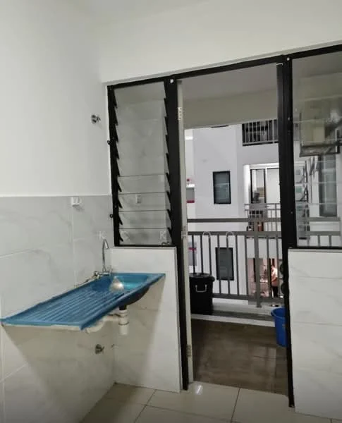 Laundry features: blue plastic sink, white tiled walls, grey tiled flooring, sliding glass door, window with louvered panels, open view to balcony, plumbing fixtures visible, wall-mounted faucet; view: courtyard.