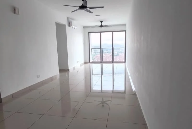 Living features: white painted walls, glossy ceramic tile flooring, 2 ceiling fans, floor-to-ceiling windows, city view, recessed downlights, air conditioning unit; style: modern; view: city.