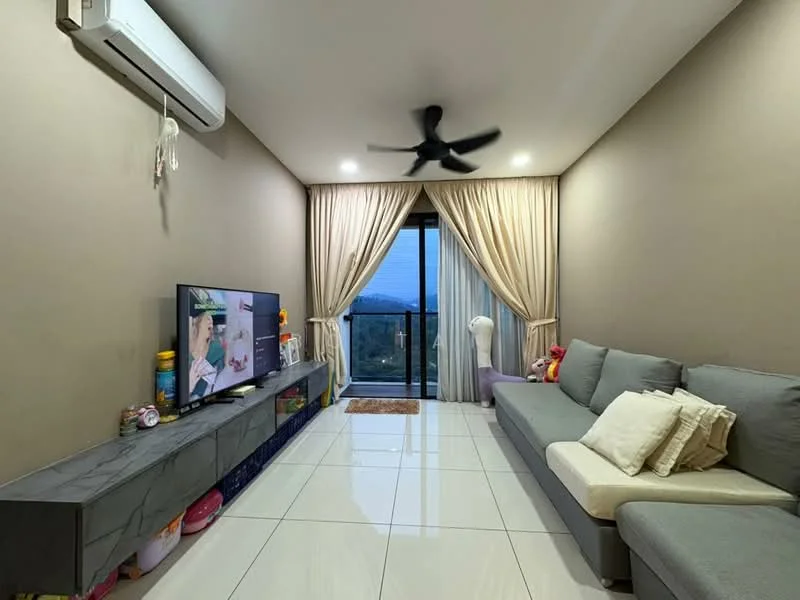 Living features: grey fabric sofa, white throw pillows, flat-screen TV on console, TV console with storage, white tiled flooring, ceiling fan with light, floor-to-ceiling windows, sheer curtains, balcony access, decorative items on console, wall-mounted air conditioning unit, neutral painted walls, area rug; style: modern; view: city.