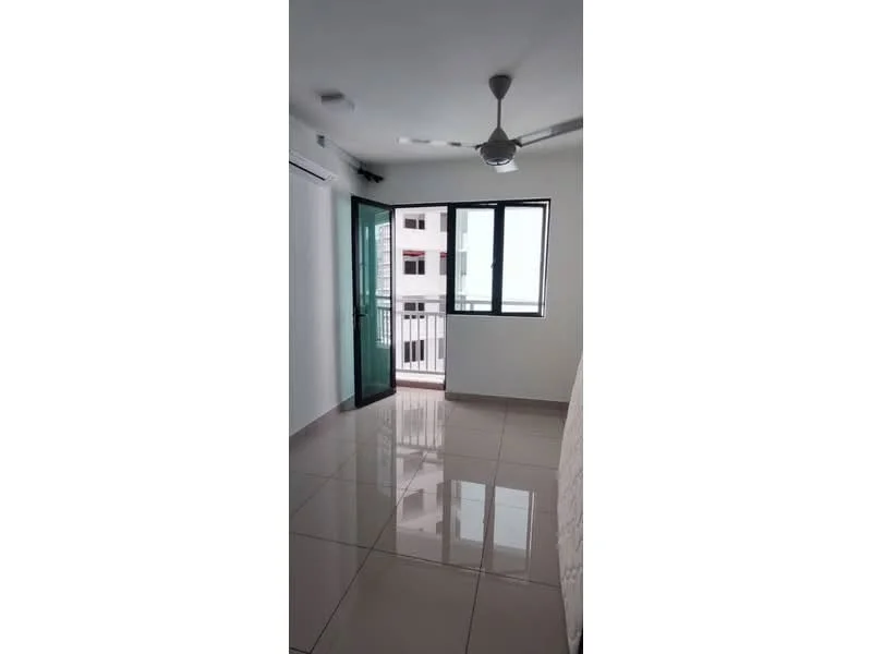 Room features: white painted walls, glossy tile flooring, 5-blade ceiling fan, floor-to-ceiling windows, sliding glass door, balcony access, natural light from windows; style: modern.
