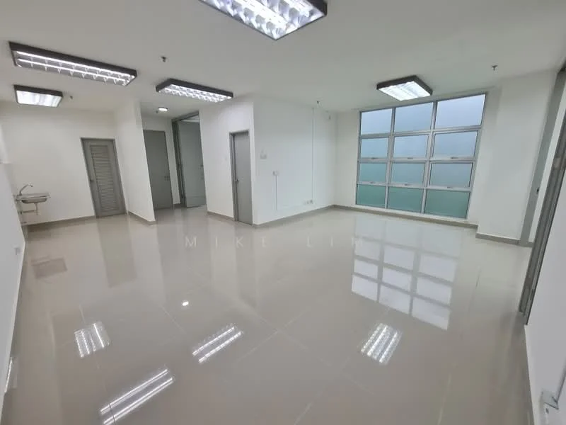 Room features: white painted walls, glossy tile flooring, ceiling lights, large windows with frosted glass, sink with faucet, multiple doorways, neutral color scheme, open layout; style: modern.