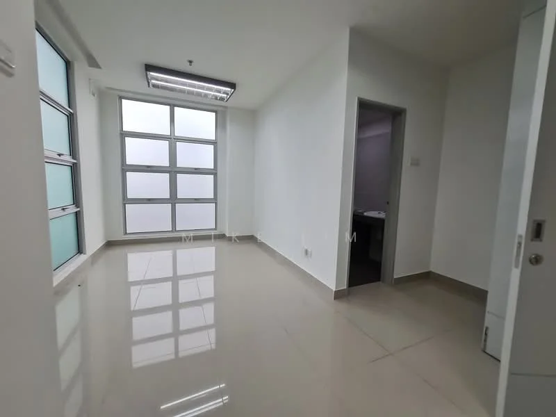 Room features: white painted walls, glossy tile flooring, large floor-to-ceiling windows, recessed ceiling lights, neutral color scheme, doorway leading to bathroom, corner room with natural light; style: modern.