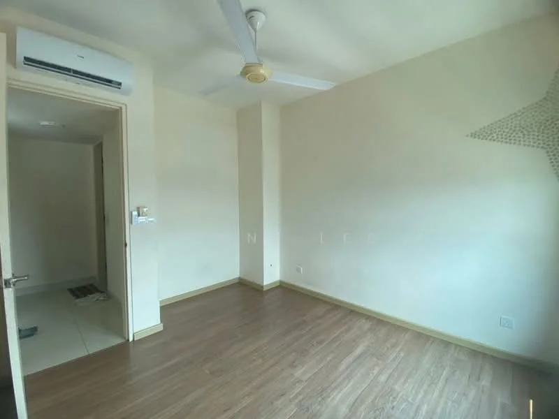Room features: light wood laminate flooring, cream painted walls, 5-blade ceiling fan, wall-mounted split AC, doorway leading to another room, window with natural light; style: modern.