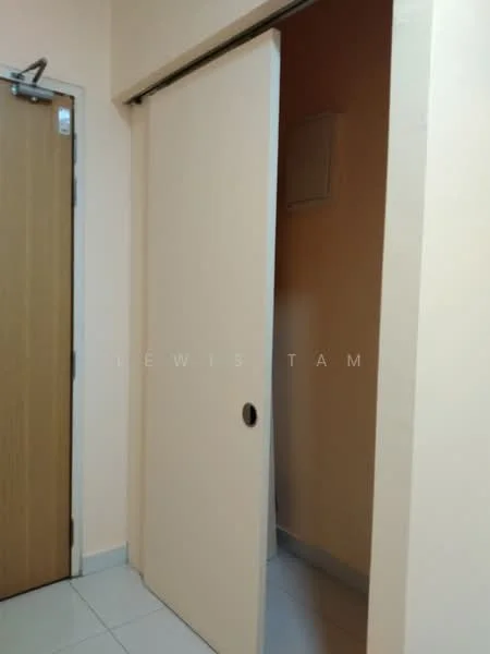 Room features: sliding door, light beige wall, white tiled flooring, wooden door, door handle, corner of room; style: modern.