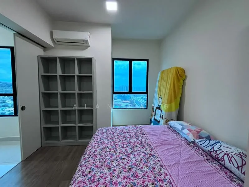 Bedroom features: queen-size bed with patterned bedding, built-in wardrobe with grey shelving, floor-to-ceiling window, air conditioning unit, wood laminate flooring, neutral painted walls, decorative wall art, curtains, light fixture in ceiling; style: modern; view: city.