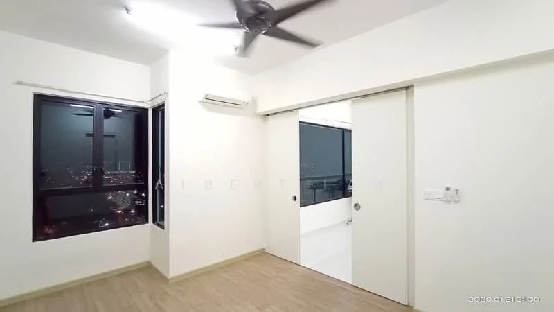 Room features: wooden flooring, white painted walls, floor-to-ceiling windows, blackout curtains, 1 wall-mounted split AC, 5-blade ceiling fan, sliding glass door, city view; style: modern; view: city.
