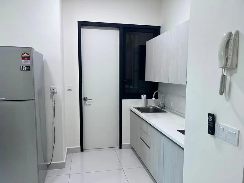 Kitchen features: white cabinetry, stainless-steel fridge, single-bowl stainless-steel sink, chrome pull-down faucet, white countertop, ceramic tile backsplash, built-in stove, wall-mounted telephone, floor-to-ceiling window, white walls, grey tile flooring; style: modern.