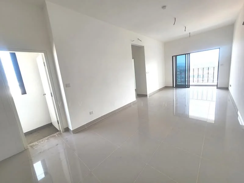 Room features: white painted walls, glossy ceramic tile flooring, large floor-to-ceiling windows, sliding glass door, natural light from windows, high ceiling, minimalist design, no visible furniture; style: modern; view: city.