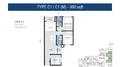 Floor plan: 2-bedroom 2-bathroom unit; features: open-plan kitchen-dining-living, master bedroom with ensuite bathroom, bedroom 2 with shared bathroom, utility room, balcony off living room, central foyer, 1 car porch, 1,050 sqft built-up.