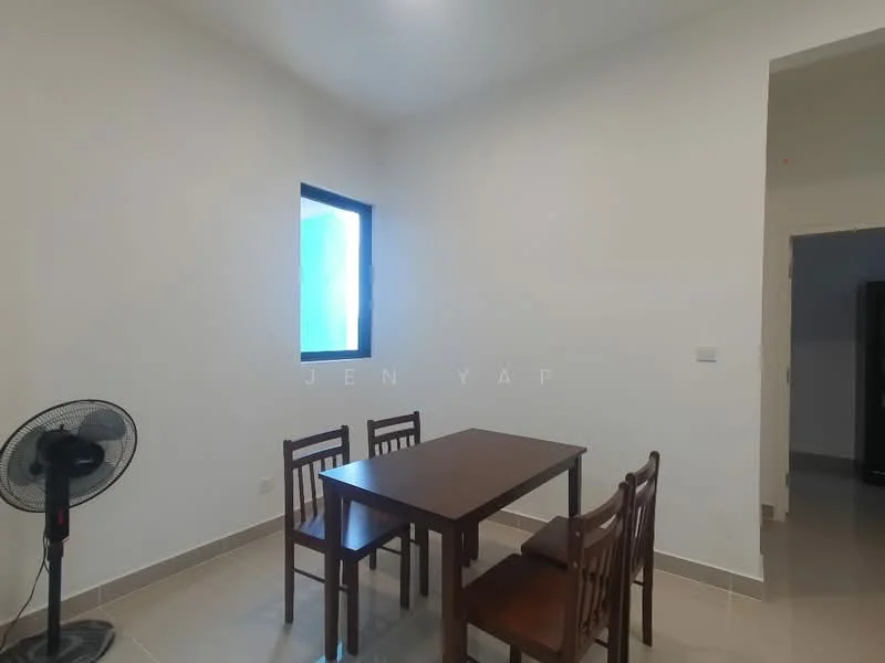 Dining features: wood dining table, 4 wooden dining chairs, floor-to-ceiling window, white painted walls, light tile flooring, ceiling fan, no visible decor; style: minimalist.