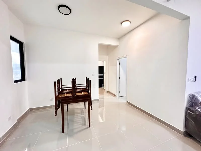 Room features: white painted walls, glossy ceramic tile flooring, recessed ceiling lights, large window, open layout, dining table with chairs, doorway leading to kitchen, doorway leading to hallway; style: modern.