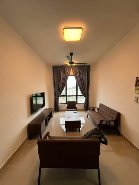 Living features: 2-seater fabric sofa in brown, 3-seater fabric sofa in brown, coffee table, wall-mounted TV, TV console, floor-to-ceiling window, curtains in grey, ceiling fan with light, light fixture, tile flooring, white painted walls; style: modern; view: city.