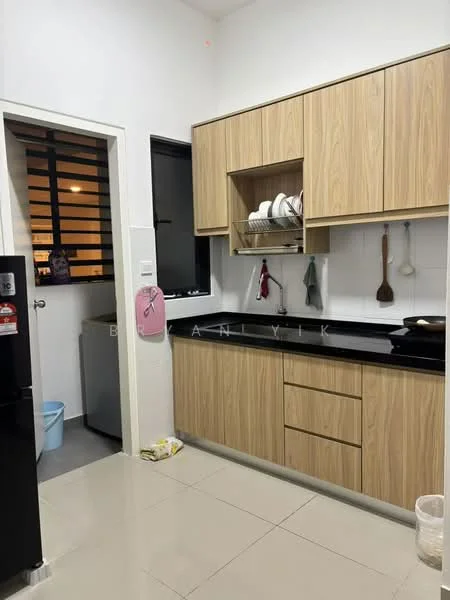 Kitchen features: wood cabinetry, black granite countertop, stainless-steel sink, chrome faucet, built-in shelves, kitchen utensils hanging, tile flooring, window with horizontal slats, refrigerator, light fixture; style: modern.