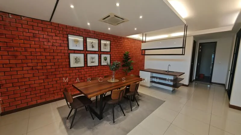 Dining features: red exposed brick accent wall, white painted walls, recessed downlights, dining table with wooden surface, 4 upholstered dining chairs, area rug under dining table, decorative wall art in frames, indoor plant in pot, open kitchen counter with sink, ceramic tile flooring; style: modern.