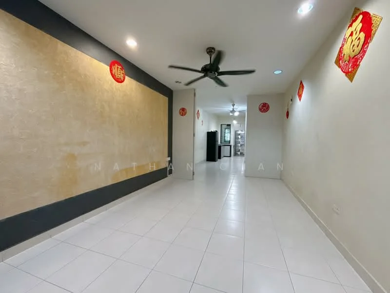 Room features: white tiled flooring, cream painted walls, accent wall with gold texture, ceiling fan, recessed downlights, decorative wall hangings, open layout, no visible furniture; style: modern.