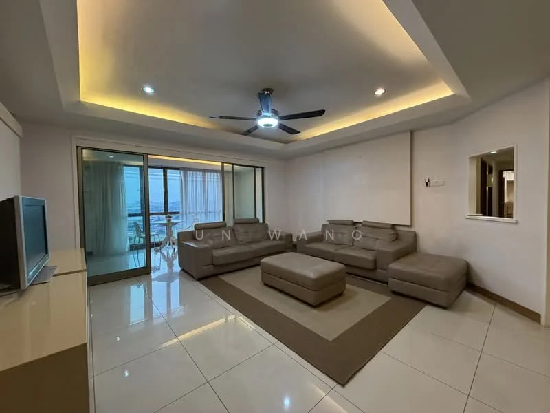 Living features: L-shape sectional sofa in light grey, coffee table, TV console, wall-mounted TV, area rug with geometric pattern, recessed downlights, 5-blade ceiling fan with light, sliding glass door, floor-to-ceiling windows, cream painted walls, white ceiling, tile flooring; style: modern; view: city.