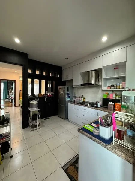 Kitchen features: white cabinetry, granite countertop, stainless-steel sink, chrome pull-down faucet, built-in oven, freestanding fridge, ceramic tile flooring, recessed downlights, open shelving, kitchen island, wall-mounted cabinets, tile backsplash; style: modern. Room features: tile flooring, open layout, doorway to living area.
