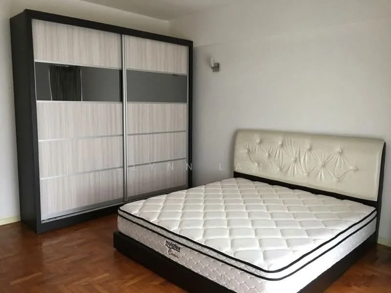 Bedroom features: queen-size bed with upholstered headboard, mattress on bed frame, built-in wardrobe with sliding doors, wooden flooring, white walls, wall-mounted light fixture, decorative wall paneling; style: modern.