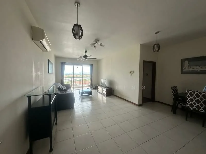 Living features: white painted walls, ceramic tile flooring, 5-blade ceiling fan with light, 2-blade ceiling fan, floor-to-ceiling windows, sliding glass door, curtains, sofa, coffee table, TV console, dining table with chairs; style: modern; view: city.