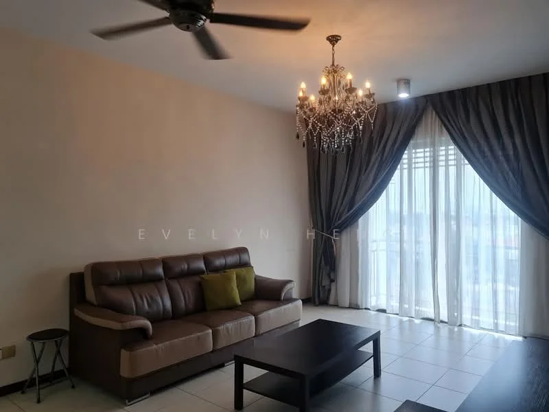 Living features: 3-seater leather sofa in brown, green accent cushion, chandelier with multiple bulbs, 5-blade ceiling fan, large floor-to-ceiling windows, sheer curtains, dark wood coffee table, light-colored tiled flooring, cream painted walls, decorative wall with drapery; style: contemporary.
