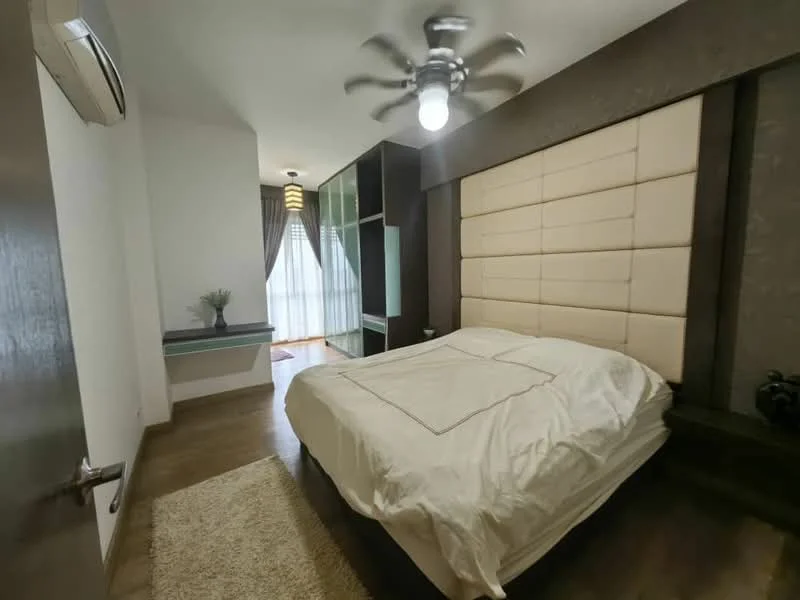 Bedroom features: king-size bed with upholstered headboard, 5-blade ceiling fan with light, wooden flooring, cream bedding, decorative wall paneling, built-in wardrobe with glass doors, window with sheer curtains, area rug, side table, wall-mounted shelf; style: modern.
