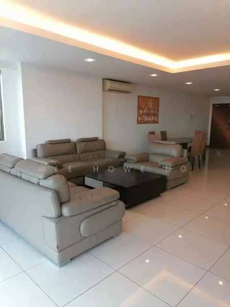 Living features: 3-seater leather sofa in beige, 2-seater leather sofa in beige, coffee table, dining table with 6 chairs, white painted walls, recessed downlights, wall-mounted split AC, glossy tile flooring, decorative artwork on wall, ceiling with LED strip lighting; style: modern.