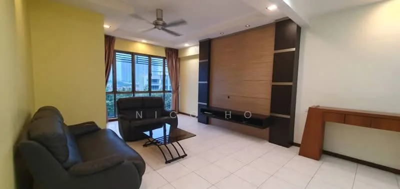 Living features: 3-seater fabric sofa in grey, 2-seater leather sofa, coffee table, TV console, wall-mounted TV, floor-to-ceiling windows, curtains, ceiling fan, white tiled flooring, accent wall with wood paneling, decorative wall lighting; style: modern; view: city.