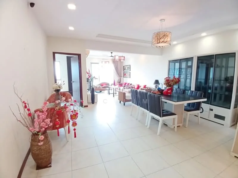 Dining features: white dining table with 6 black upholstered chairs, pendant light fixture, decorative wall art, large glass sliding door, floor-to-ceiling windows, neutral painted walls, tile flooring, decorative plants in vases, open layout to living area; style: modern; view: city. Living features: red accent chairs, coffee table, sofa with cushions, decorative throw pillows, wall-mounted artwork, light-colored walls, natural light from windows, tile flooring; style: modern; view: city.