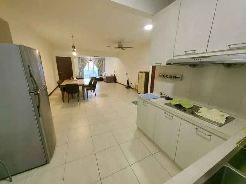 Kitchen features: stainless-steel fridge, white cabinetry, ceramic tile flooring, single-bowl stainless-steel sink, chrome pull-down faucet, white countertop, built-in oven, 4-burner gas hob, exhaust hood, recessed downlights; style: modern. Living features: dining table with chairs, sofa, ceiling fan, curtains, tile flooring, wall-mounted TV, area rug; style: modern.