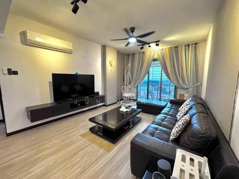 Living features: 3-seater leather sofa in black, coffee table with black surface, wall-mounted TV, TV console in dark wood, 5-blade ceiling fan with light, floor-to-ceiling windows, sheer curtains, decorative wall art, light-colored laminate flooring, hanging chair, recessed downlights; style: modern; view: city.