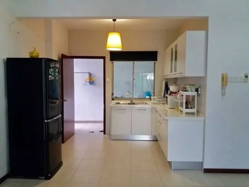 Kitchen features: black fridge, double-bowl stainless-steel sink, chrome pull-down faucet, white cabinetry with flat-panel doors, white countertop, tile backsplash, pendant light, ceramic tile flooring, window with roller blinds, open shelving, built-in microwave, kitchen utensils on countertop; style: modern.