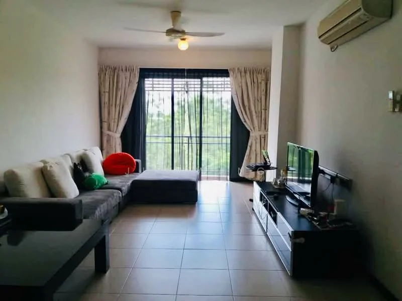 Living features: 3-seater fabric sofa in grey, sectional sofa, black coffee table, TV console, wall-mounted TV, ceiling fan with light, air conditioning unit, floor-to-ceiling windows, curtains, tile flooring, decorative wall, green decorative pillow, red decorative pillow; style: modern; view: garden.