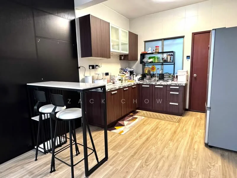 Kitchen features: dark wood cabinetry, white countertops, stainless-steel refrigerator, built-in oven, 4-burner gas hob, kitchen island with bar stools, open shelving, tile backsplash, vinyl plank flooring, wall-mounted storage rack, sink with faucet, microwave, kettle, toaster; style: modern.
