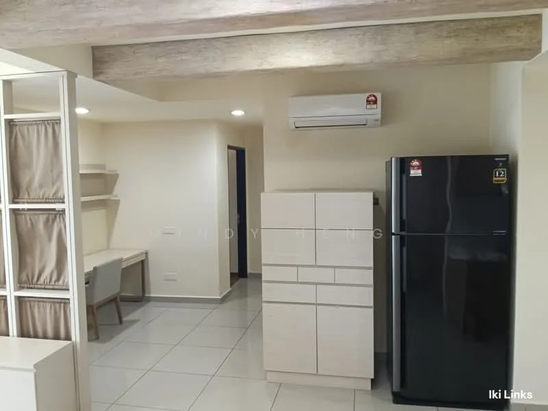 Kitchen features: white cabinetry, black refrigerator, built-in desk with chair, wall-mounted split AC, grey tiled flooring, exposed wooden beams on ceiling, open shelving, neutral wall color; style: modern.