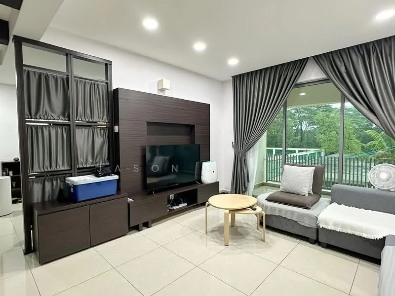 Living features: grey fabric sofa, round coffee table, wall-mounted TV, dark wood TV console, floor-to-ceiling windows, curtains in grey, light-colored tiled flooring, air conditioning unit; style: modern; view: garden.