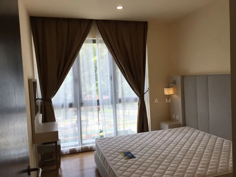 Bedroom features: queen-size bed, upholstered headboard, floor-to-ceiling windows, sheer curtains, dark brown curtains, wooden flooring, wall-mounted bedside lamps, built-in bedside table, neutral wall color, decorative wall paneling; style: modern; view: garden.