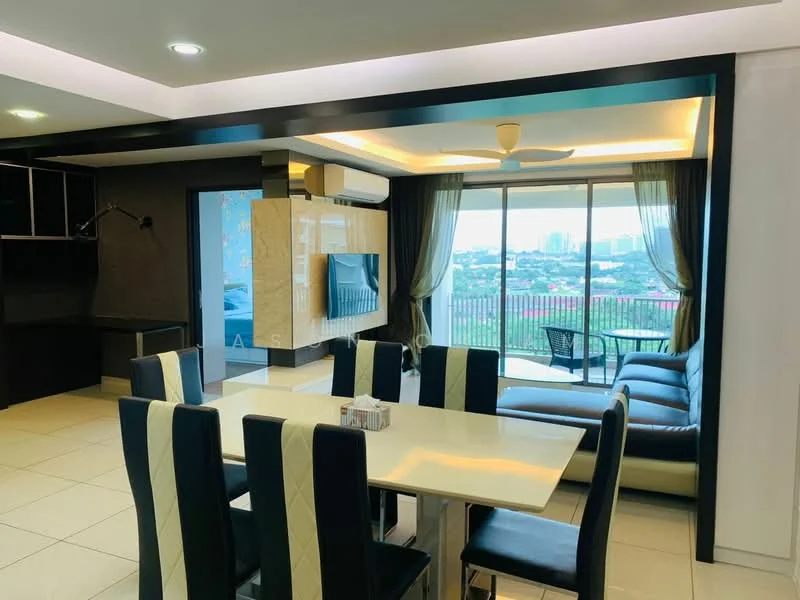 Dining features: 6-seater dining table with white top, black and white upholstered dining chairs, recessed ceiling lights, wall-mounted TV, black cabinetry, floor-to-ceiling windows, curtains, light-colored tiled flooring, ceiling fan with light, decorative wall paneling; style: modern; view: city. Living features: L-shape sectional sofa in dark color, coffee table, wall-mounted TV, decorative wall paneling, floor-to-ceiling windows, curtains, light-colored tiled flooring, ceiling fan with light; style: modern; view: city.